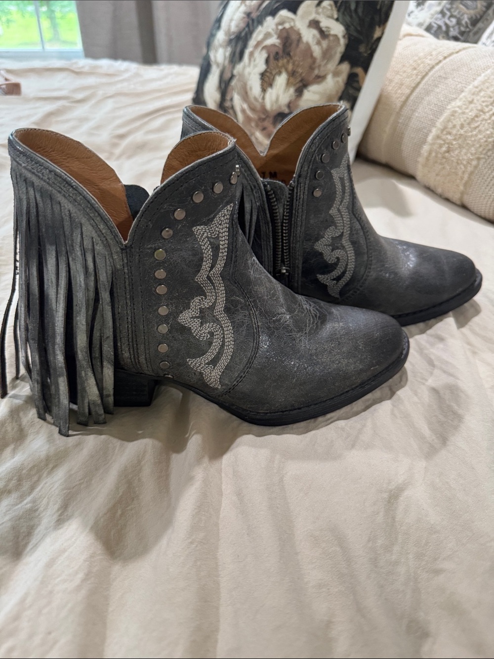 Women's Gray Fringe Western Ankle Booties with Stud Detail